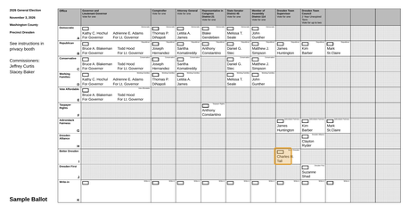 Sample ballot for Precinct Dresden with Charles H. Tall's row highlighted in gold